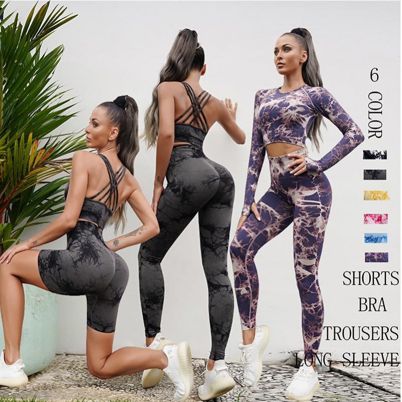 4 pcs set -Yoga tie dye bra+top+short+legging