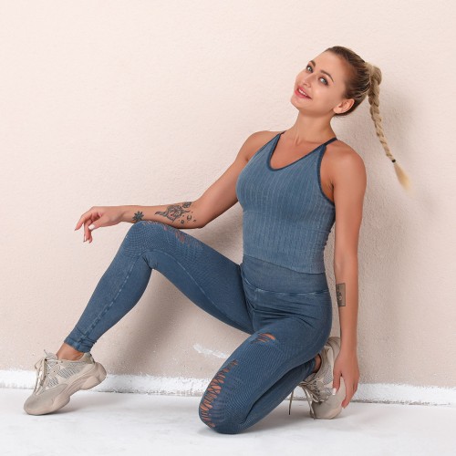 Europe and the United States New Washed Seamless Yoga Suit Knitted Running Sports Fitness Suit Women's Vest Hip Lift Yoga Pants