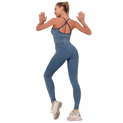 Europe and the United States New Washed Seamless Yoga Suit Knitted Running Sports Fitness Suit Women's Vest Hip Lift Yoga Pants