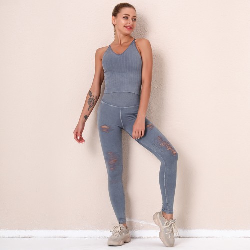 Europe and the United States New Washed Seamless Yoga Suit Knitted Running Sports Fitness Suit Women's Vest Hip Lift Yoga Pants