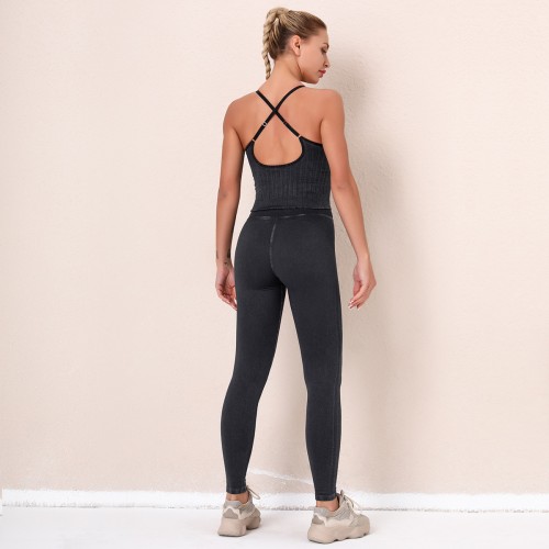 Europe and the United States New Washed Seamless Yoga Suit Knitted Running Sports Fitness Suit Women's Vest Hip Lift Yoga Pants