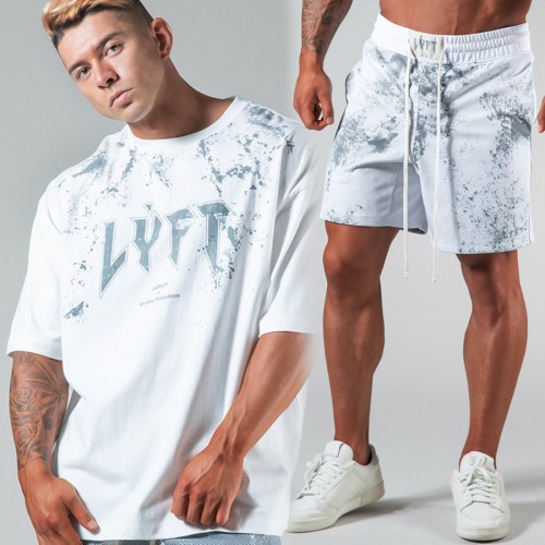 LYFT muscle family summer fitness shorts men tie-dye cotton loose sport plus-size short-sleeved shorts suit 