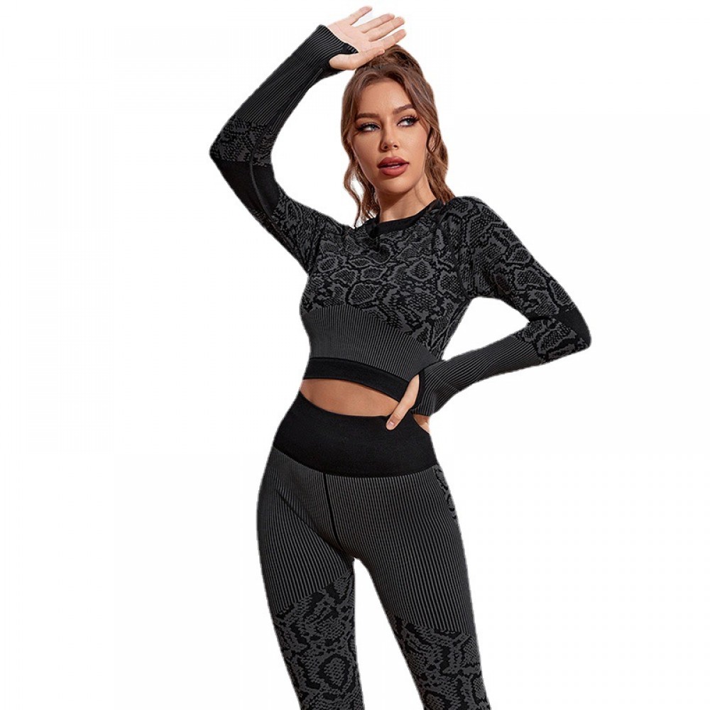 Snakeskin pattern yoga suit, printed seamless trousers, bodysuit, tight stretch, thick yoga suit, sportswoman 