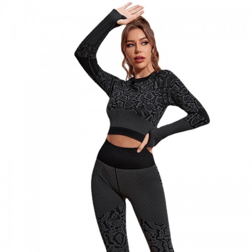 Snakeskin pattern yoga suit, printed seamless trousers, bodysuit, tight stretch, thick yoga suit, sportswoman