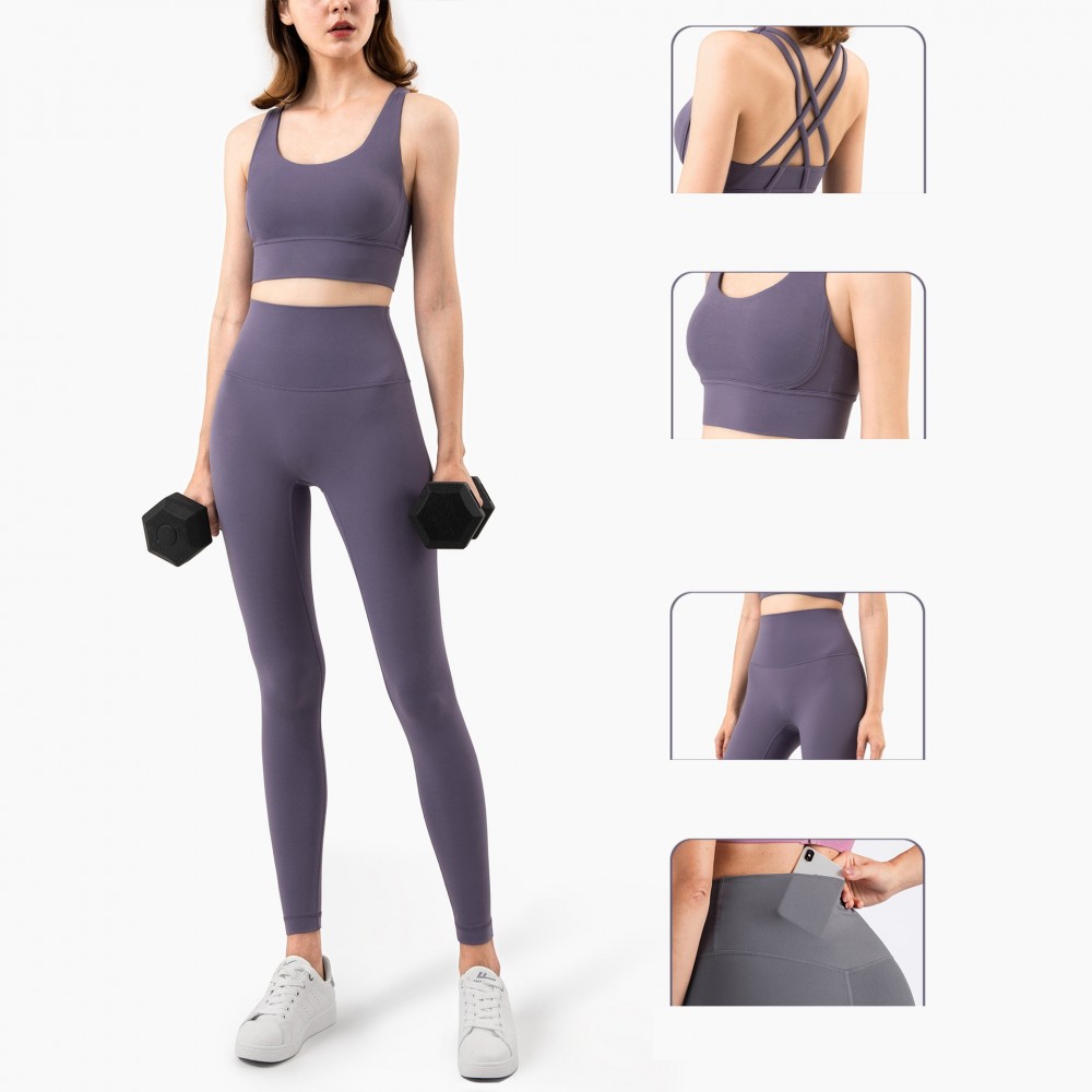 Nude Lulu Yoga suit women’s high elastic breathable fitness pants outdoor two-piece sports bra 