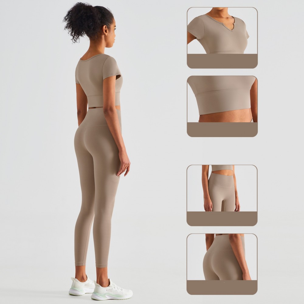 Lulu new high waist yoga suit woman, fitness butt-lift Peach Pants Naked Feeling v Tie Bra Pad short-sleeved t 