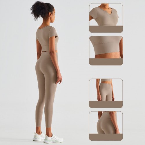 Lulu new high waist yoga suit woman, fitness butt-lift Peach Pants Naked Feeling v Tie Bra Pad short-sleeved t