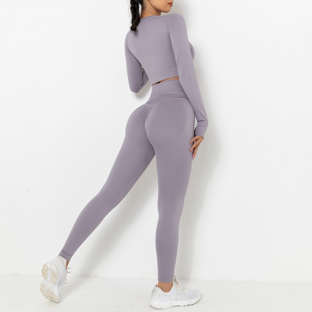 Spot Europe and the United States new seamless knitting peach pure color hip long-sleeved yoga suit sports running fitness clothes women