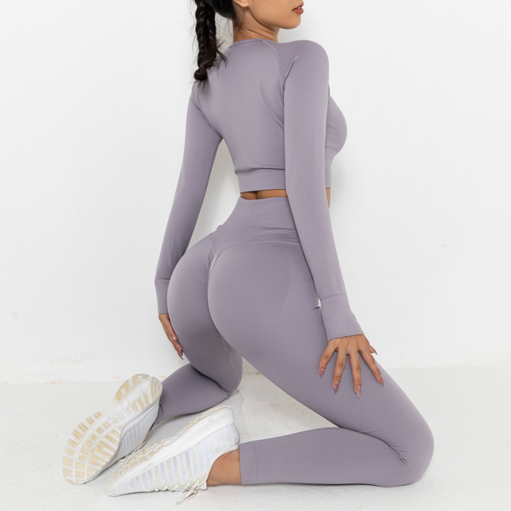 Spot Europe and the United States new seamless knitting peach pure color hip long-sleeved yoga suit sports running fitness clothes women 