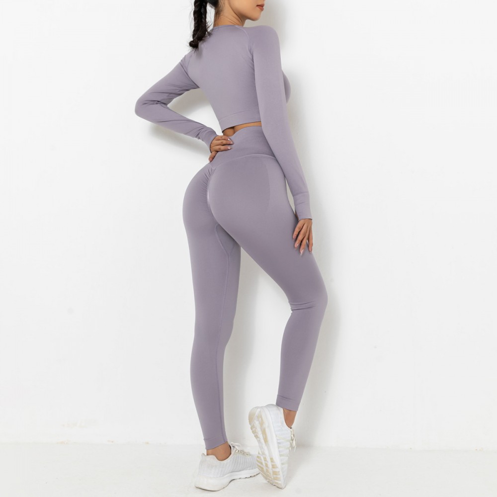 Spot Europe and the United States new seamless knitting peach pure color hip long-sleeved yoga suit sports running fitness clothes women 