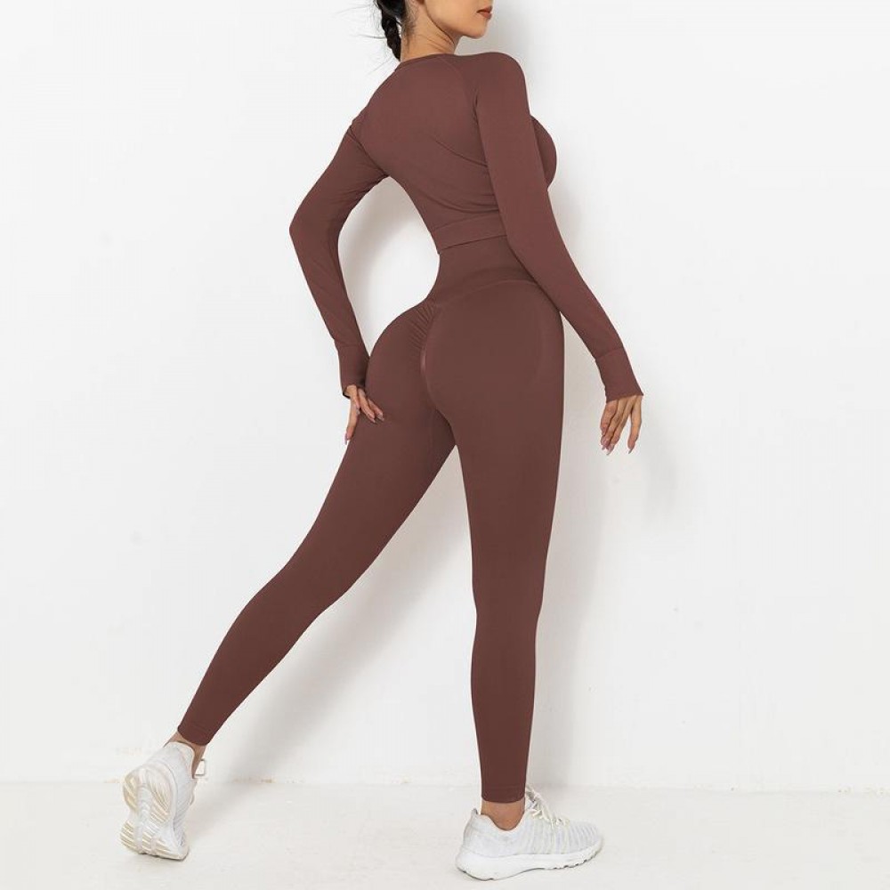 Spot Europe and the United States new seamless knitting peach pure color hip long-sleeved yoga suit sports running fitness clothes women 