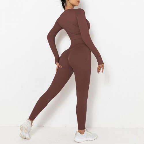 Spot Europe and the United States new seamless knitting peach pure color hip long-sleeved yoga suit sports running fitness clothes women