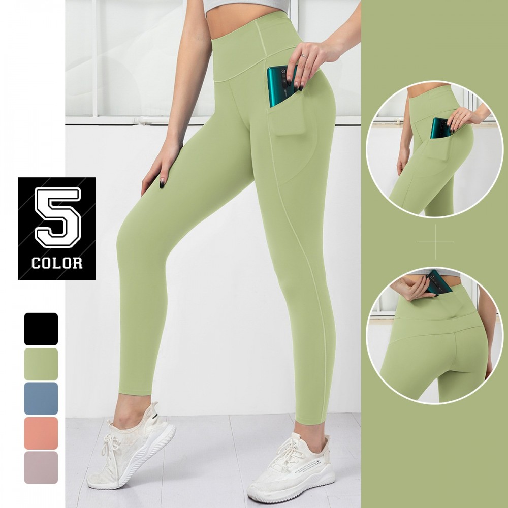 Cross-border sales of pure-color double-sided Nylon Yoga pants stitching side pocket yoga run Peach Butt fitness pants 