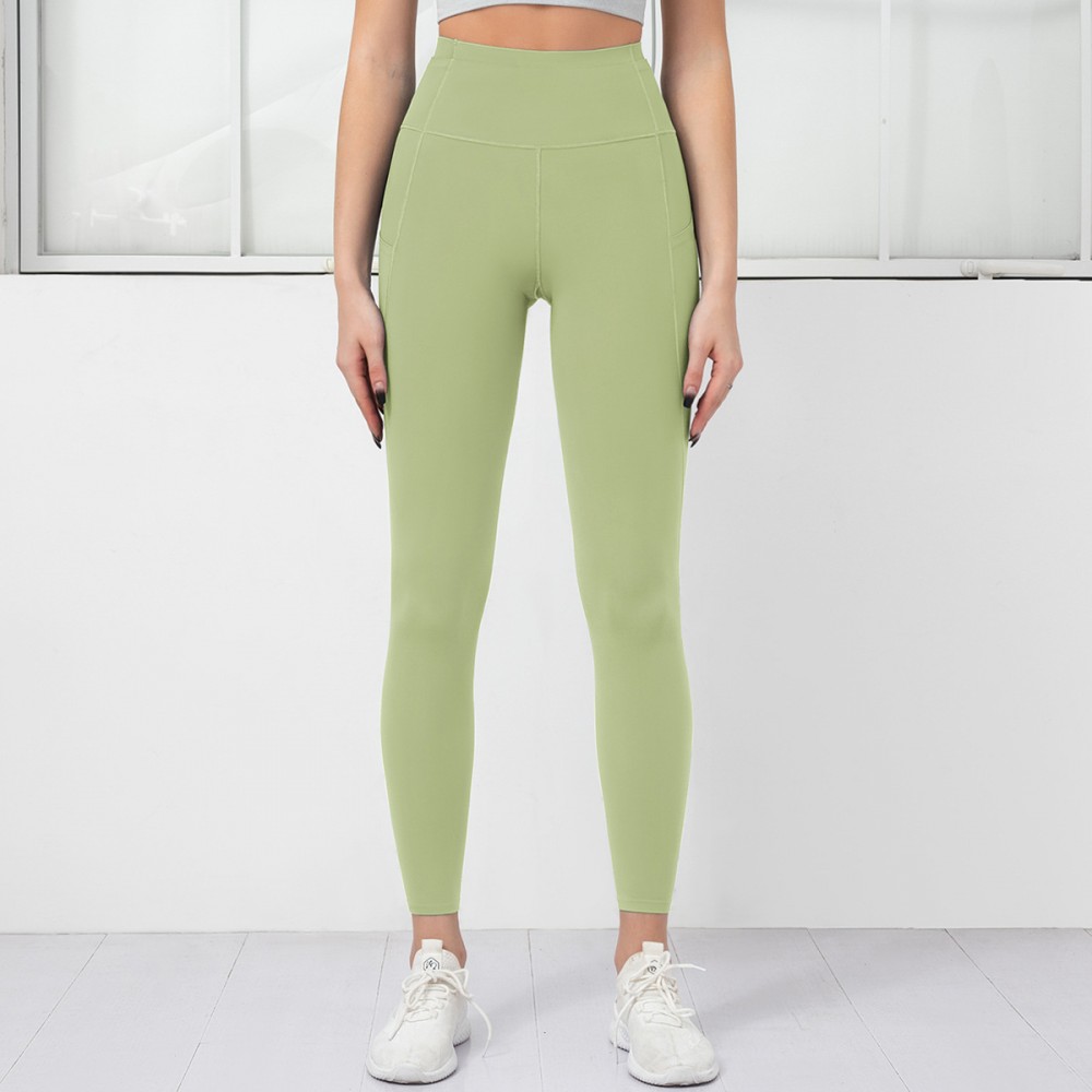 Cross-border sales of pure-color double-sided Nylon Yoga pants stitching side pocket yoga run Peach Butt fitness pants 