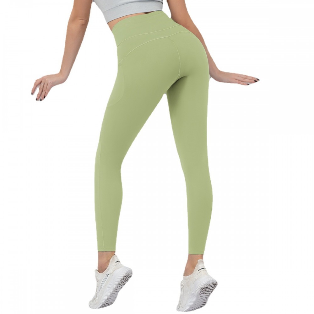 Cross-border sales of pure-color double-sided Nylon Yoga pants stitching side pocket yoga run Peach Butt fitness pants 