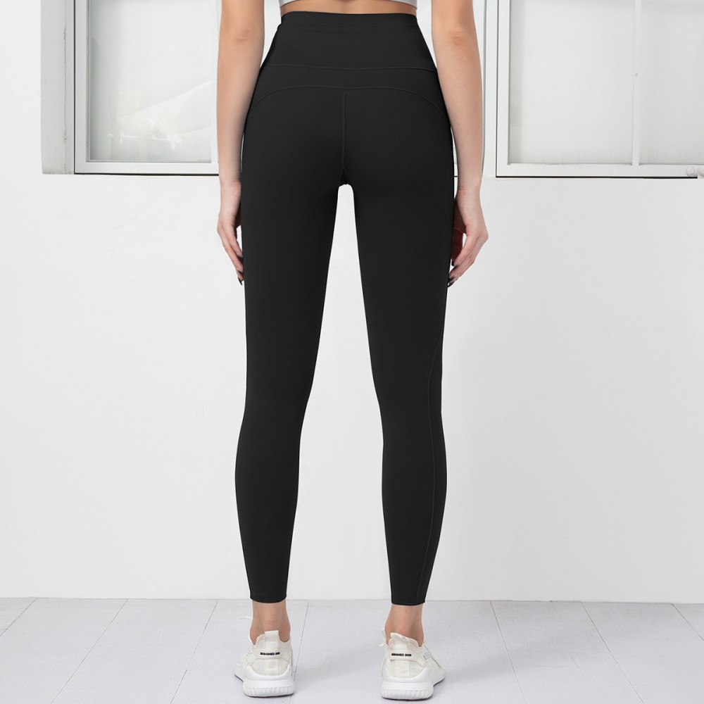 Cross-border sales of pure-color double-sided Nylon Yoga pants stitching side pocket yoga run Peach Butt fitness pants 