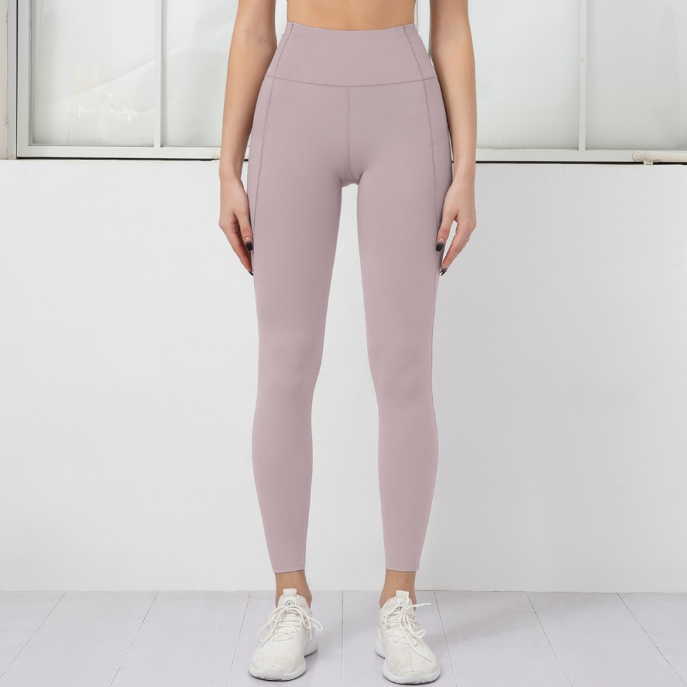 Cross-border sales of pure-color double-sided Nylon Yoga pants stitching side pocket yoga run Peach Butt fitness pants 