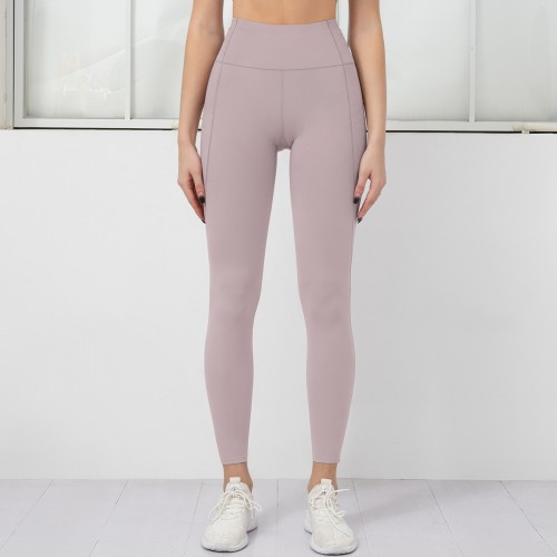 Cross-border sales of pure-color double-sided Nylon Yoga pants stitching side pocket yoga run Peach Butt fitness pants