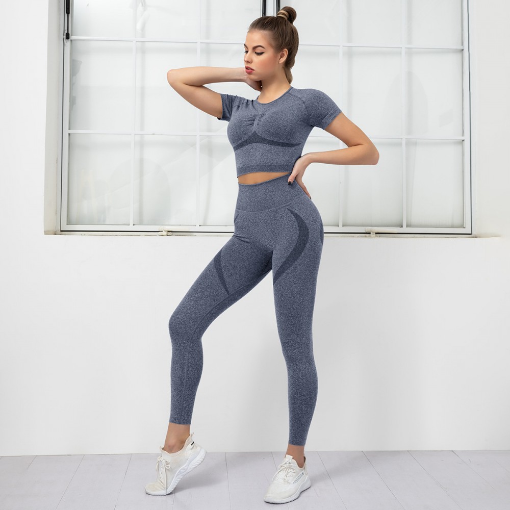  Europe and the United States seamless knitting high-waisted fitness suit sports short-sleeved long pants yoga suit