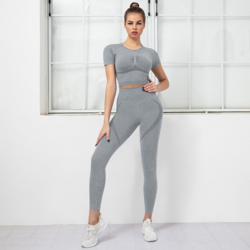  Europe and the United States seamless knitting high-waisted fitness suit sports short-sleeved long pants yoga suit