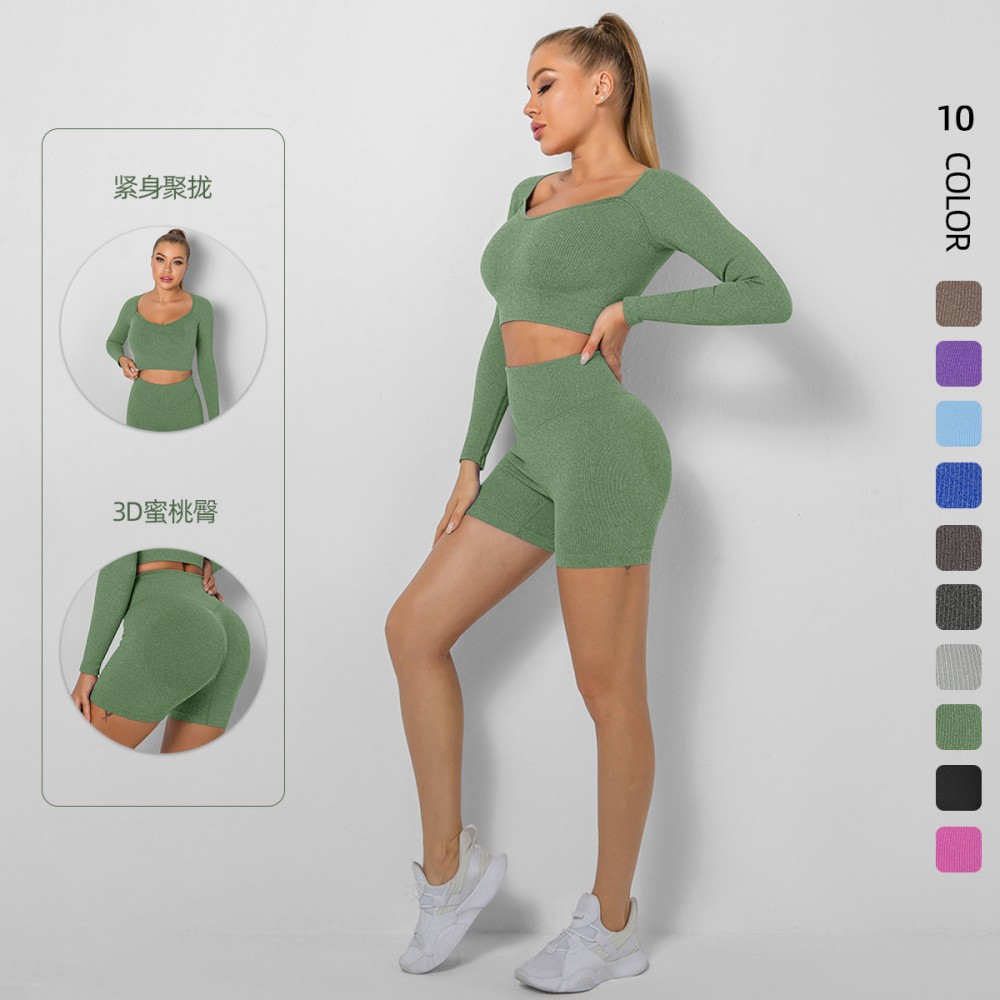  SEAMLESS  yoga long sleeve top +short set 