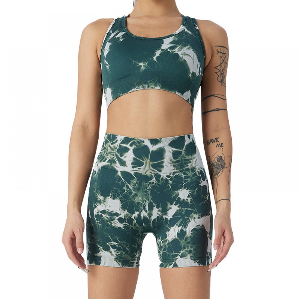  SEAMLESS tie dye yoga bra +short set 