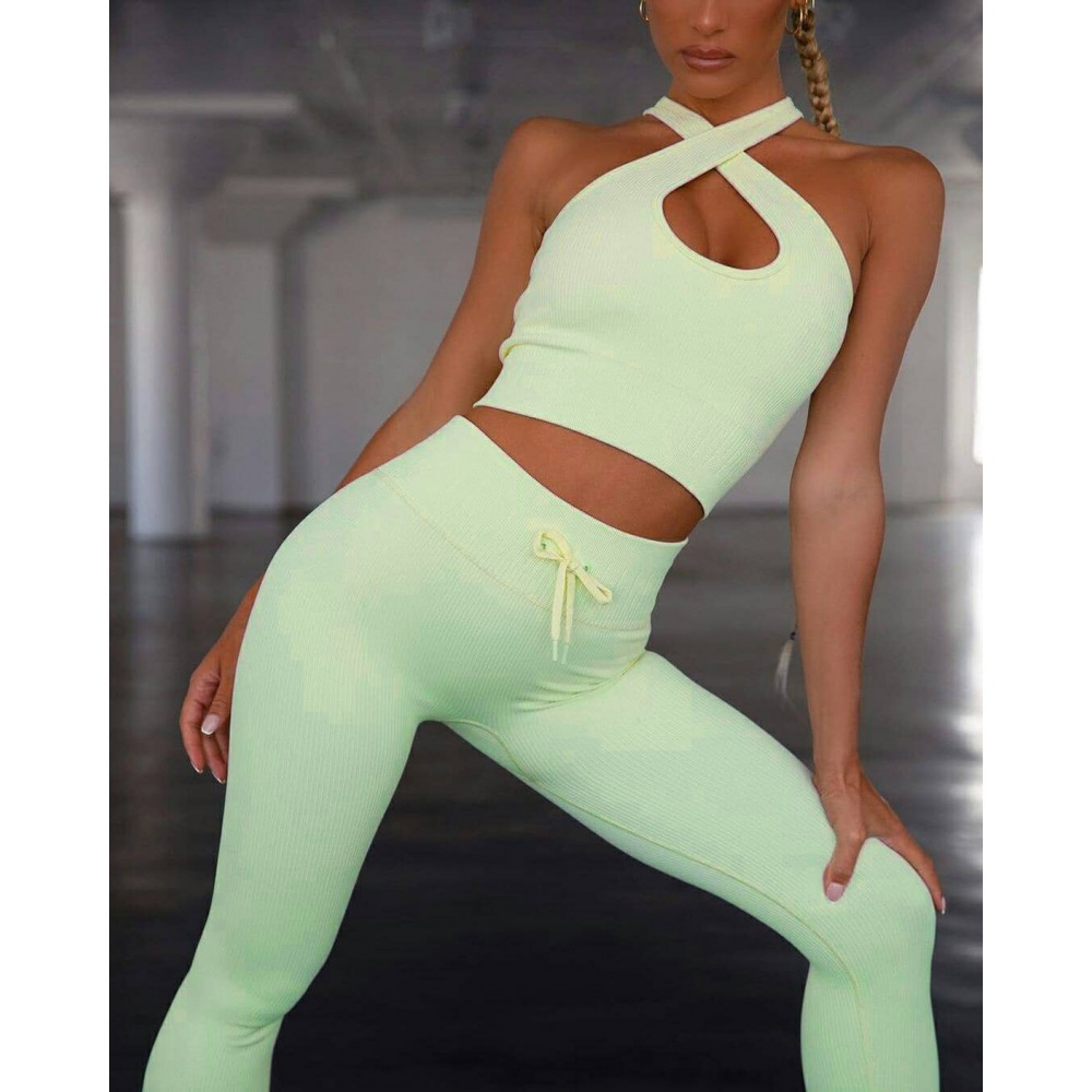  seamless exercise Yoga Bodysuit, hanging Bra, long pants, piano line exercise set new women 