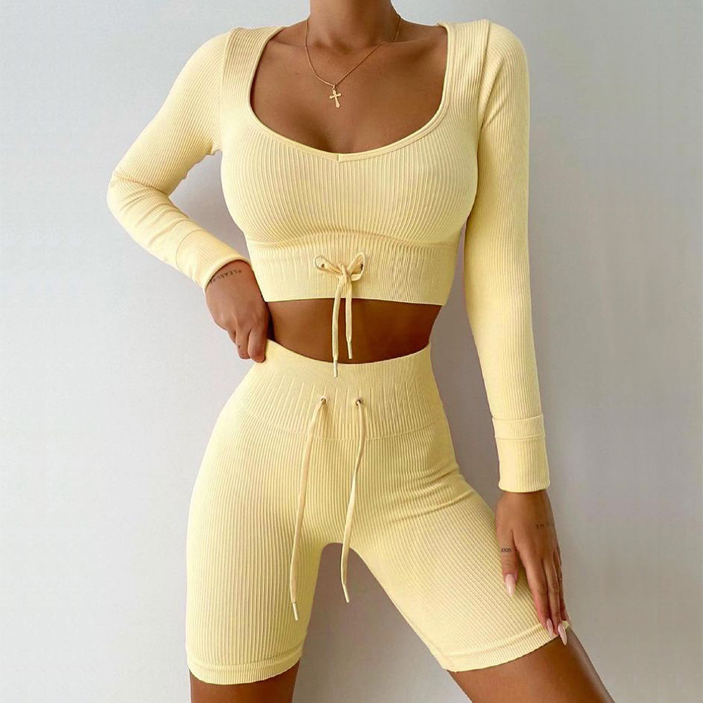  seamless exercise yoga bodysuit autumn winter long-sleeved shorts piano line exercise set new female 