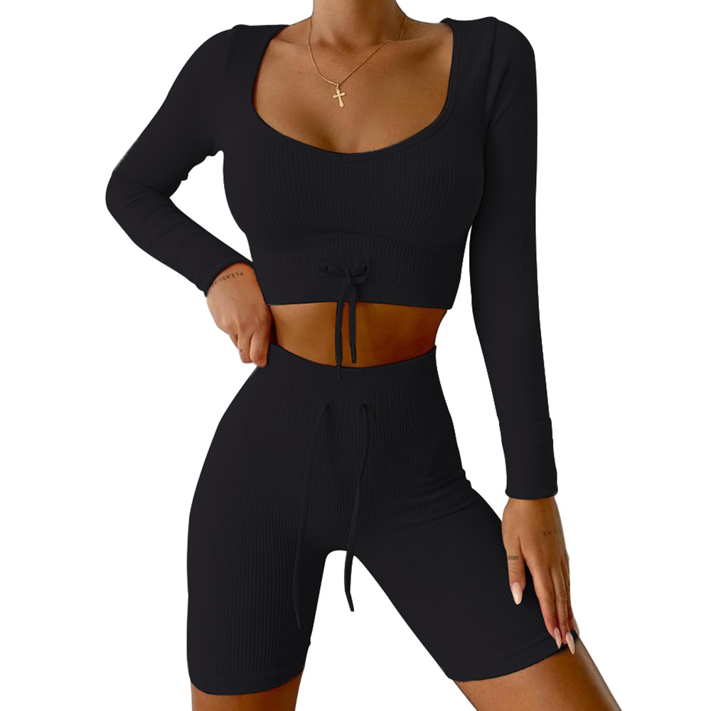  seamless exercise yoga bodysuit autumn winter long-sleeved shorts piano line exercise set new female 